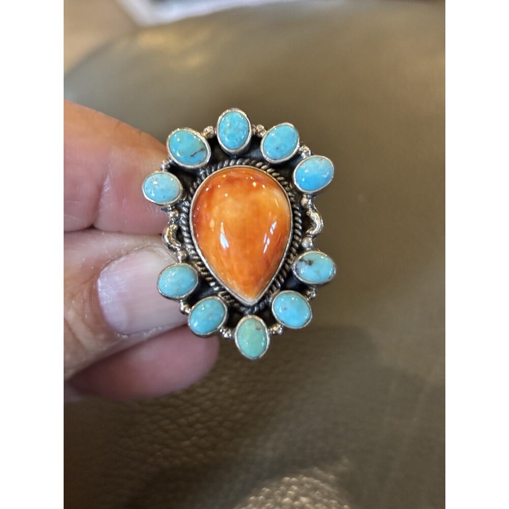 Kingman Turquoise Ring with a Large Orange Spiny Teardrop Set In Sterling Silver
